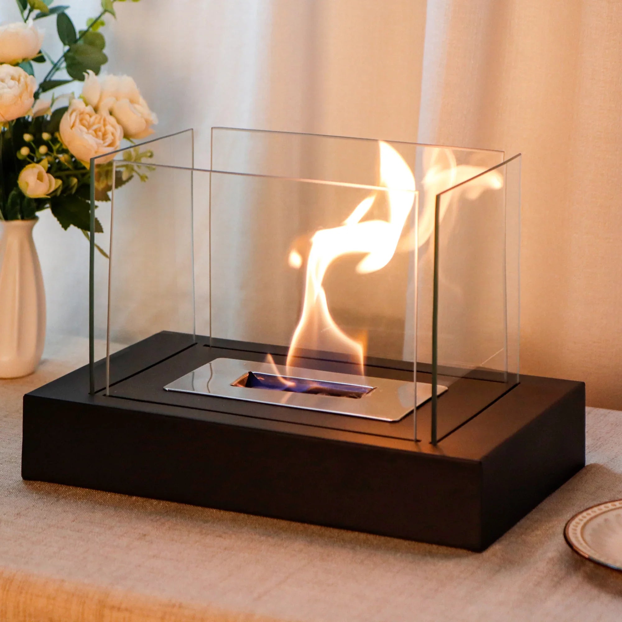 360° View Rectangular Tabletop Fireplace Fire Bowl With Four-Sided Glass